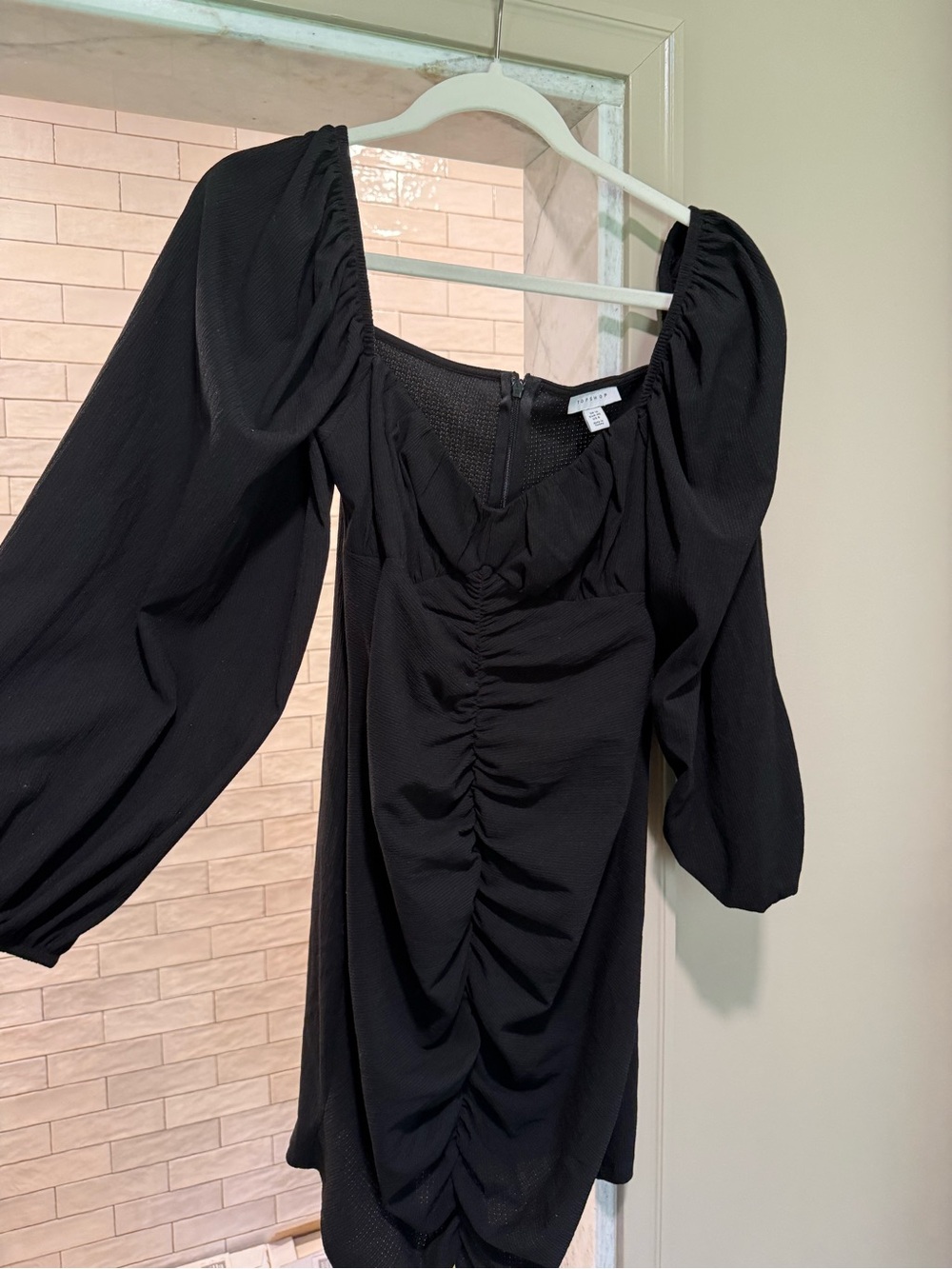Topshop Black Ruched Scoop-Neck Puff Sleeve Mini Dress